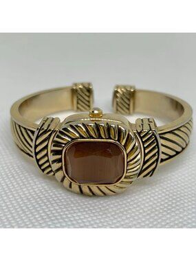 Women’s hidden case watch cuff bracelet size 6.5” gold tone brown stone running